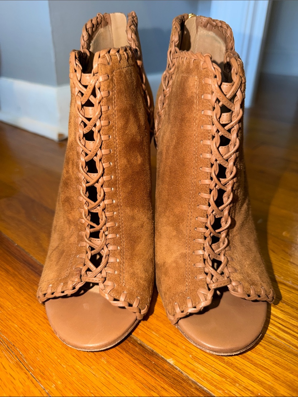Women’s Michael Kors Collection Brown Suede Peep-Toe Ankle Booties 7.5
